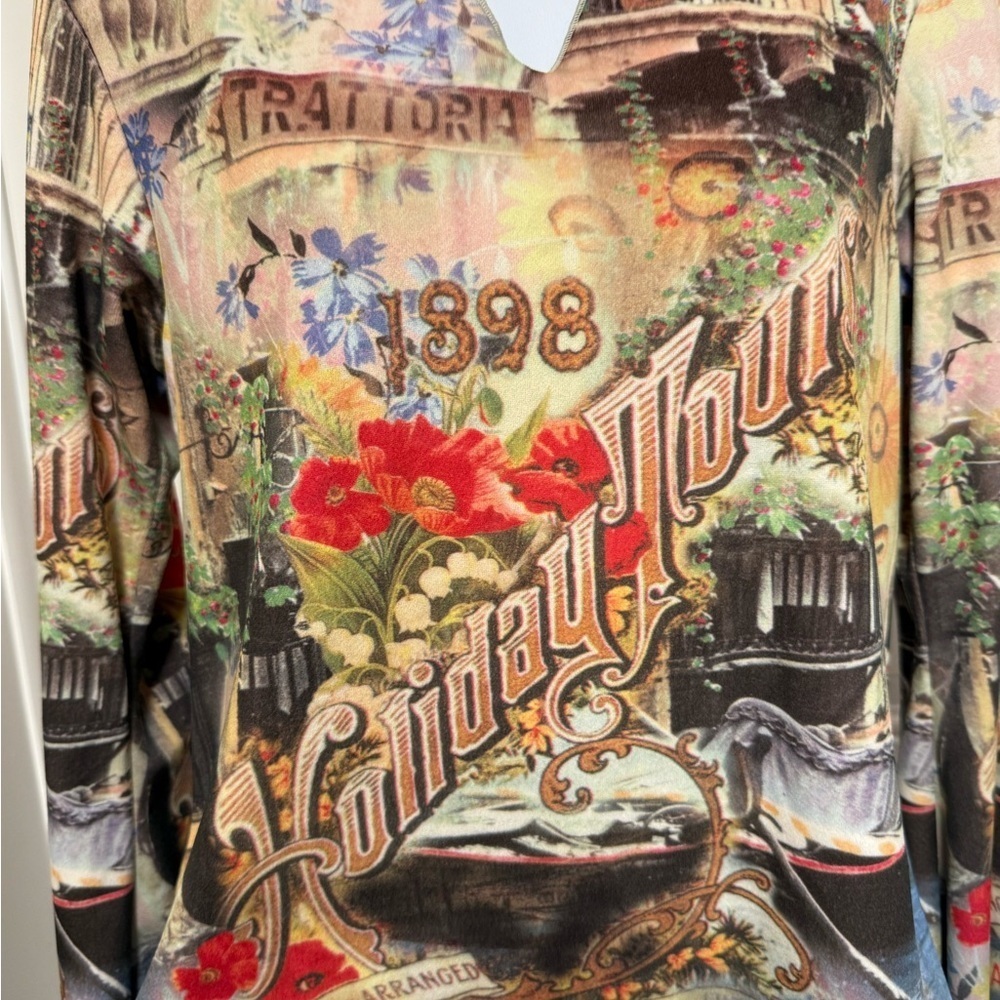 One World Y2K Graphic Floral Velour Bell Sleeve Top Medium - Picture 4 of 10